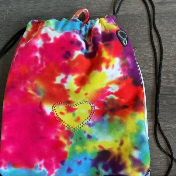 Tie Dye Heart Rhinestone Tote Bag Backpack -Earphone Insert and Side Pocket - Picture 2 of 6